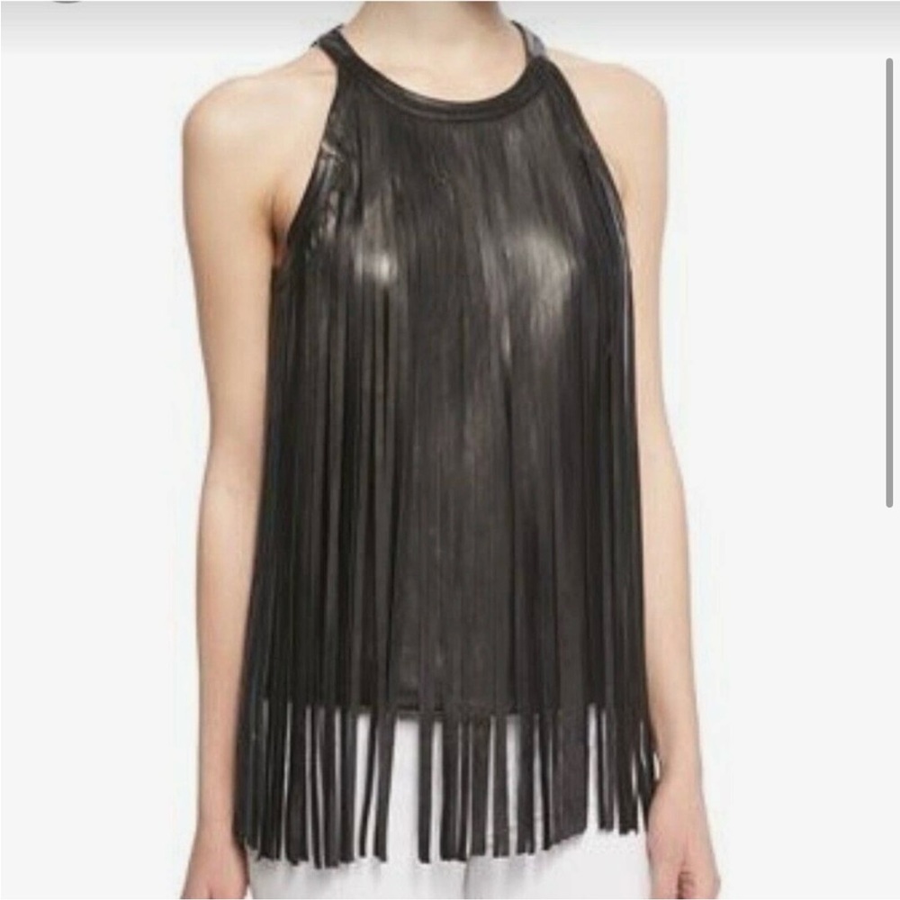Neiman Marcus/ Cusp Leather Halter Fringe top Sz XS in black